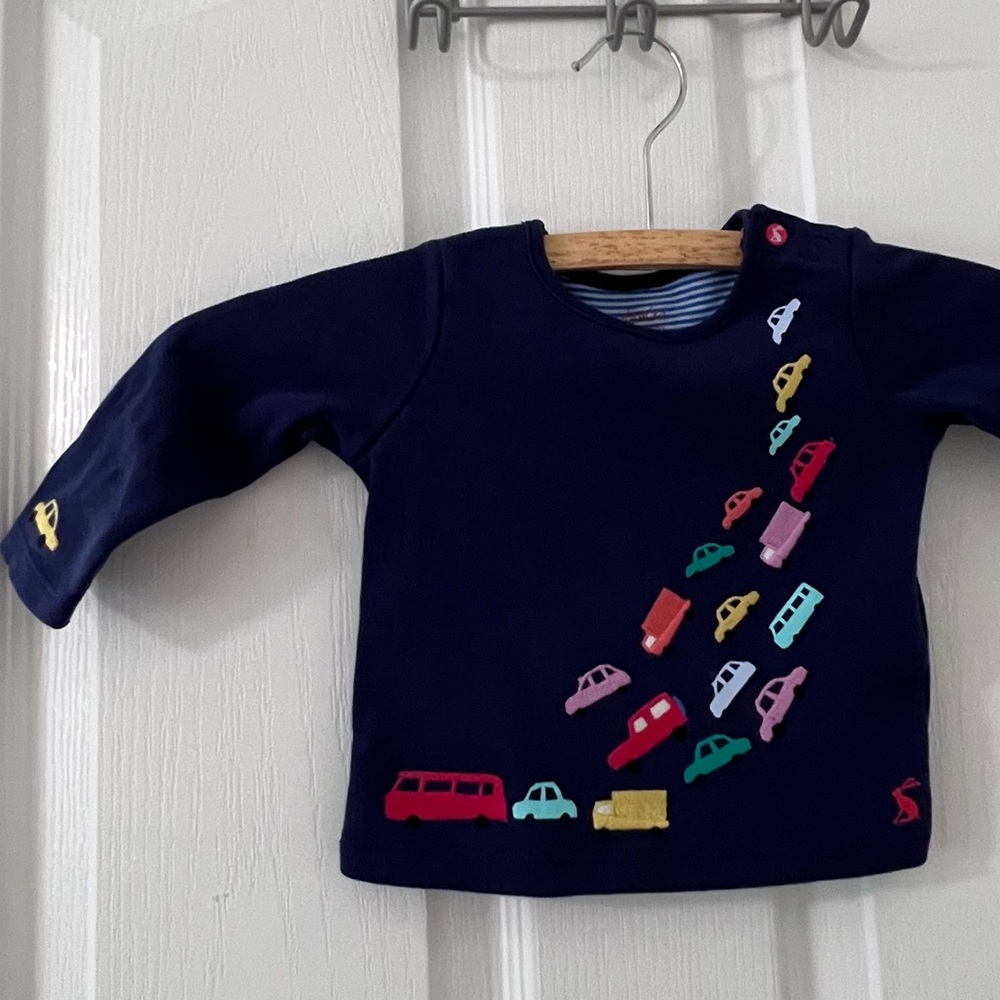 Joules Little Explorer Navy Shirt with vehicles on right sleeve & front 3-6M